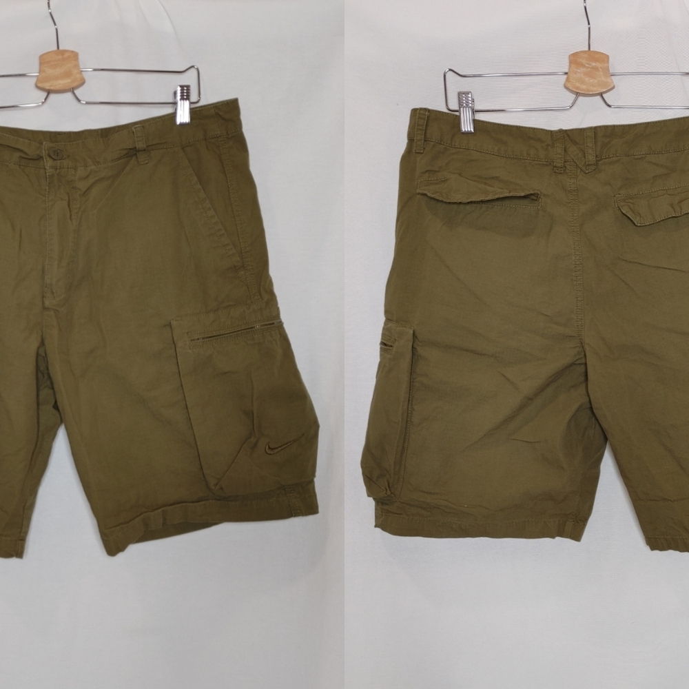 Nike Sportswear Cargo Shorts Olive Green Khaki Flat Fornt Pockets 36 613644-322‎